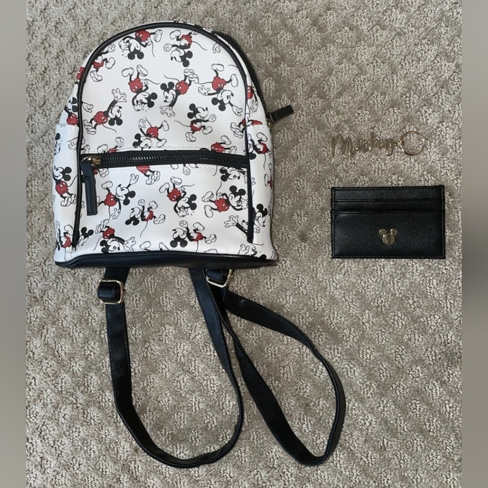 Mickey Backpack Front Zip Pocket Zip Close Adj Straps With Card Wallet Keychain